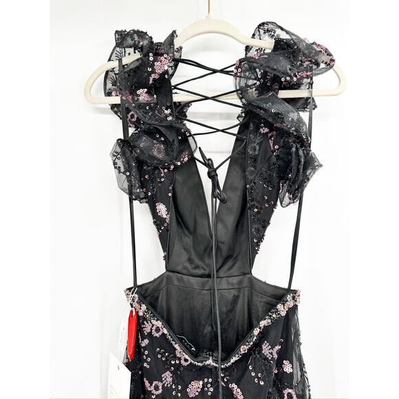 Mac Duggal 68043 Black Pink Beaded Lace Up Ruffle Gown Dress 4 NEW - Picture 7 of 8
